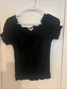 Smocked Black Peasant Blouse with Tie Neck